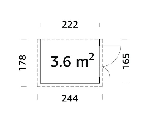 Grundriss mit Abmessungen: 178, 222, 244 und 165, Fläche 3.6 Quadratmeter