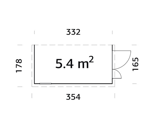 Grundriss eines Gartenhauses mit Maßangaben und einer Fläche von 5,4 Quadratmetern