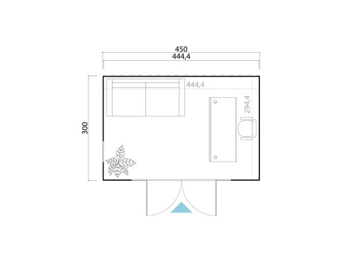 Grundriss eines Gartenhauses mit Sofa, Schreibtisch, Bürostuhl und Pflanze mit Maßangaben