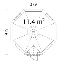 Grundriss eines Gartenhauses mit Angabe der Maße und einer Fläche von 11.4 Quadratmetern