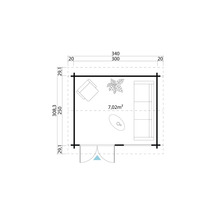 Grundriss eines Gartenhauses mit Möbeln und Abmessungen