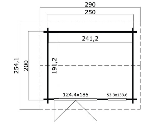 Technische Zeichnung eines Gartenhauses mit Maßangaben