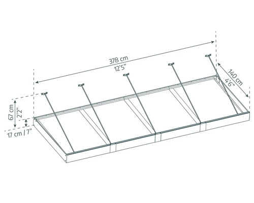 Technische Zeichnung eines Überdachungssystems mit Maßangaben