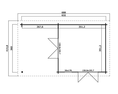 Grundrisszeichnung eines Gartenhauses mit Maßangaben