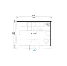 Grundriss eines Gartenhauses mit Möbeln und Abmessungen