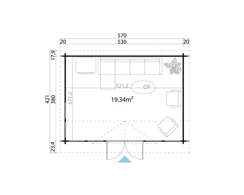 Grundrisszeichnung eines Gartenhauses mit Wohnzimmereinrichtung und Maßangaben