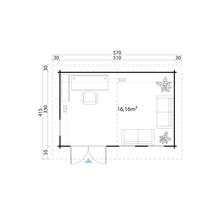 Grundrisszeichnung eines Gartenhauses mit Büromöbeln und einer Sitzecke mit den Maßen 570 mal 415 Zentimeter.