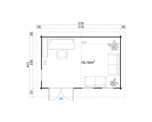 Grundriss eines Gartenhauses mit Möbeln und Maßangaben