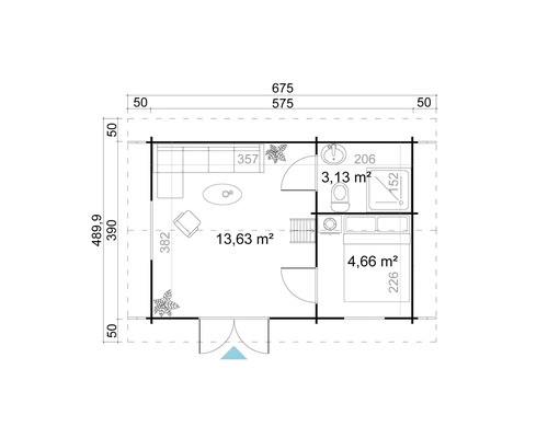 Grundriss eines Gartenhauses mit Wohnbereich, Bad und Schlafzimmer mit den Maßen 675 mal 489,9 Zentimeter