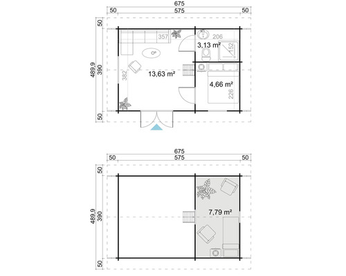 Grundriss eines Gartenhauses mit Möbeln und Maßangaben