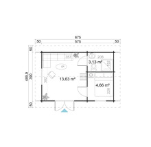 Grundriss eines Gartenhauses mit Wohnzimmer, Bad und Schlafzimmer mit den entsprechenden Maßen