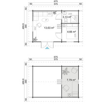 Grundrisszeichnung eines Gartenhauses mit Maßangaben