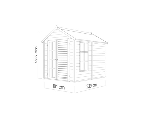 Zeichnung eines Gerätehauses mit den Maßen 181 cm Breite, 239 cm Tiefe und 225 cm Höhe