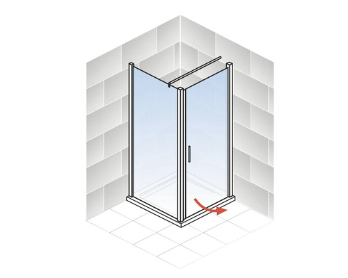 Eckdusche mit Schiebetür und rotem Pfeil, der die Schieberichtung anzeigt