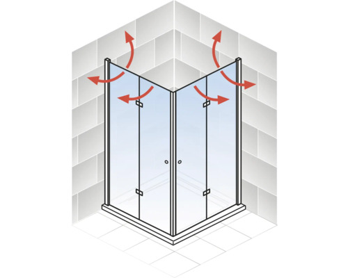 Eckdusche mit Pfeilen zur Darstellung des Spritzschutzes