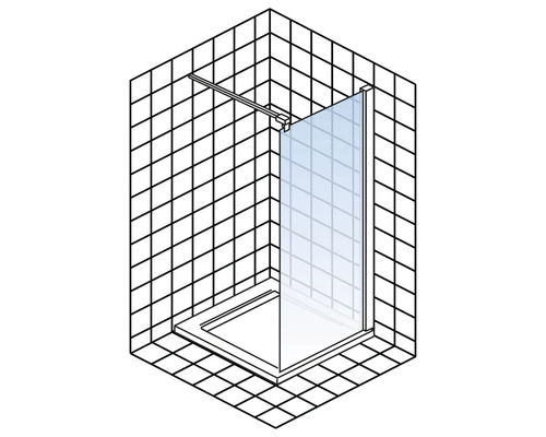 Eckdusche mit Duschwand und Duschbecken in einem Badezimmer mit Fliesen