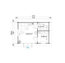 Grundriss eines Gartenhauses mit Wohnzimmer, Badezimmer und Schlafzimmer mit Maßangaben
