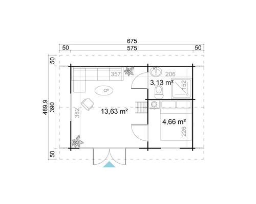 Grundriss eines Gartenhauses mit Wohnzimmer, Badezimmer und Schlafzimmer mit Maßangaben
