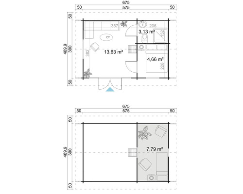 Grundrisse eines Gartenhauses mit Maßen