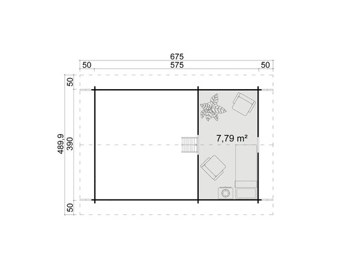 Grundrisszeichnung eines Gartenhauses mit Maßangaben