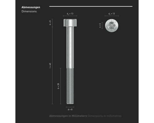 Darstellung der Abmessungen einer Zylinderschraube