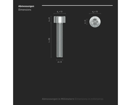 Technische Zeichnung einer Zylinderschraube mit den Maßen Durchmesser acht Millimeter, Kopf-Durchmesser dreizehn Millimeter, Kopfhöhe acht Millimeter, Schlüsselweite sechs Millimeter und Länge dreißig Millimeter.