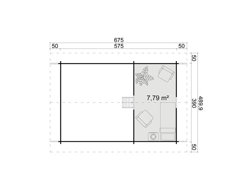 Grundrisszeichnung eines Gartenhauses mit Möbeln und Bepflanzung
