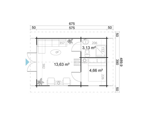 Grundriss eines Gartenhauses mit Wohnzimmer, Schlafzimmer und Badezimmer sowie Maßangaben