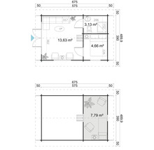Grundrisse eines Gartenhauses mit Wohnbereich, Bad und Schlafraum