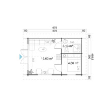 Grundriss eines Gartenhauses mit Maßen der einzelnen Räume.