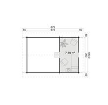 Grundriss eines Gartenhauses mit Flächenangaben und Maßen