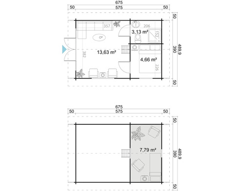 Grundrisszeichnung eines Gartenhauses mit Wohnbereich, Bad und Schlafraum