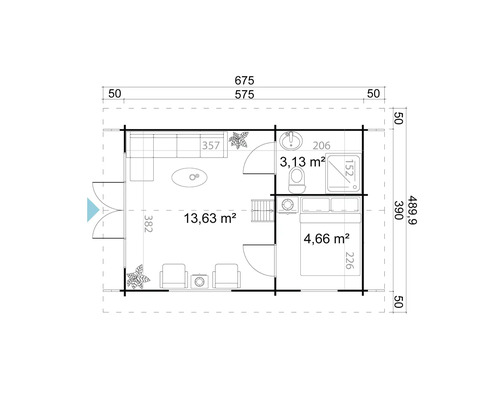 Grundriss des Gartenhauses mit Wohnbereich, Bad und Schlafzimmer