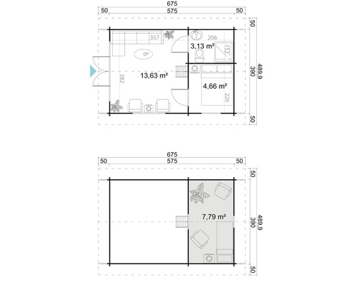 Grundriss eines Hauses mit Wohnzimmer, Bad und Schlafzimmer