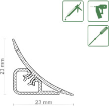 Illustration eines Eckprofils mit den Maßen 23 mal 23 Millimeter und Symbolen für Montagearten