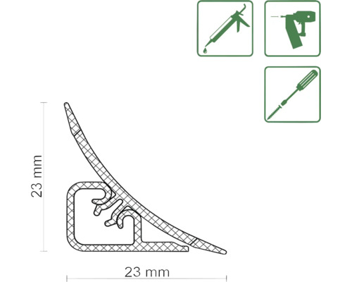 Illustration eines Eckprofils mit den Maßen 23 mal 23 Millimeter und Symbolen für Montagearten