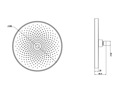 Technische Zeichnung eines Duschkopfes mit den Maßen 260 mm Durchmesser, 23,2 mm Höhe, 20 mm Tiefe und 60,6 mm Gesamttiefe.