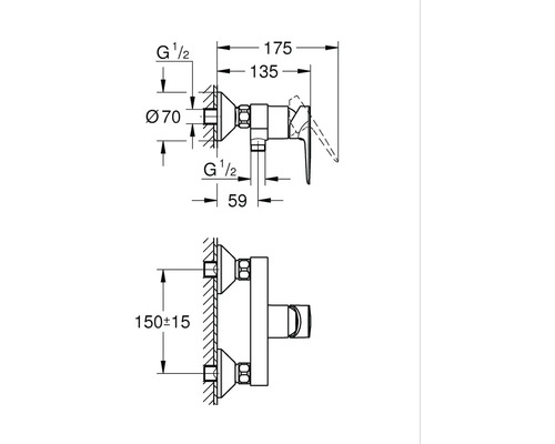 Technische Zeichnung einer Armatur mit Maßangaben