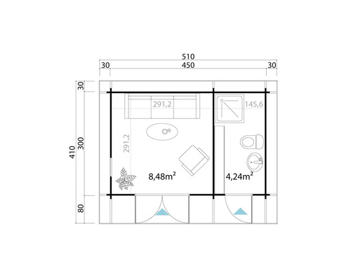 Grundriss eines Gartenhauses mit Wohnbereich und Badezimmer, Bemaßungen inklusive