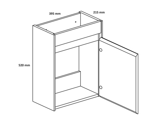 Zeichnung eines Hängeschranks mit Tür und Fachböden mit den Maßen 395 mm x 215 mm x 520 mm.