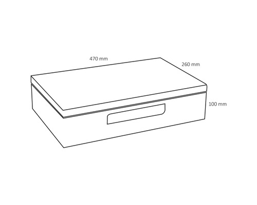 Abbildung einer Aufbewahrungsbox mit den Maßen 470 mm Breite, 260 mm Tiefe und 100 mm Höhe.