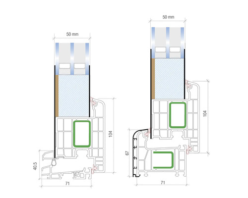 Illustration von Fensterprofilen mit Maßangaben