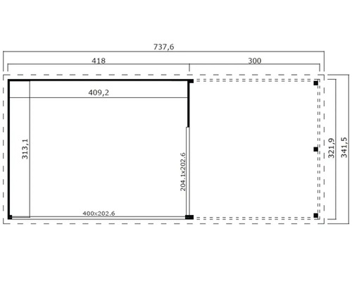 Grundriss eines Gartenhauses mit Maßangaben