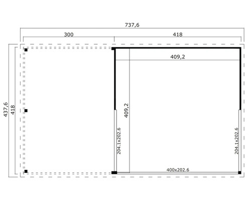 Grundriss eines Gartenhauses mit Maßangaben