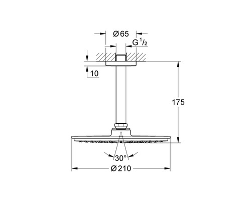 Technische Zeichnung einer Duscharmatur mit Maßen