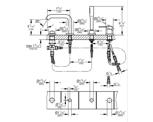 Technische Zeichnung eines Wasserhahns mit Maßangaben für die Installation
