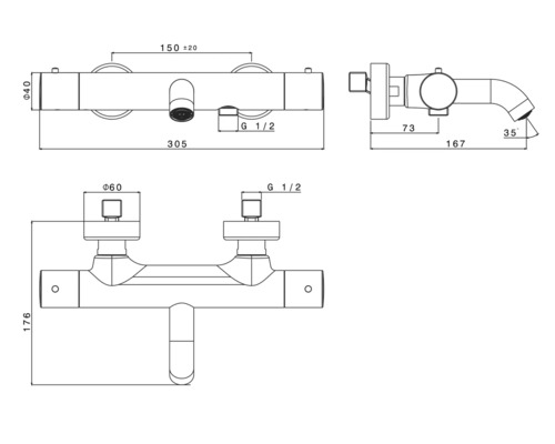 Technische Zeichnung einer Armatur mit Maßangaben