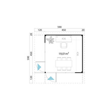 Grundriss eines Gartenhauses mit Büro und Essbereich, Fläche 19,01 Quadratmeter