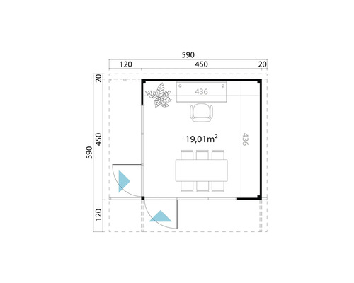 Grundriss eines Gartenhauses mit Möbeln und einer Fläche von 19,01 Quadratmetern