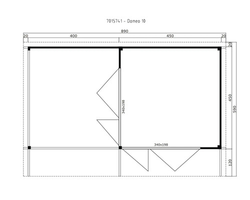 Grundriss Domeo 10 Gartenhaus mit Abmessungen